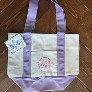 Trader Joe's RARE Mini Pastel Canvas Tote Bag, Lilac With Pink Logo